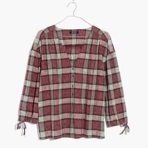 Morningview Tie-Sleeve Shirt in Burgundy Plaid